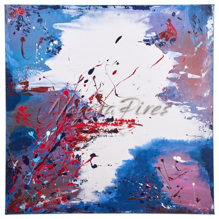 Pintura abstrata em azuis e branco com filamentos e respingos vermelhos em movimento