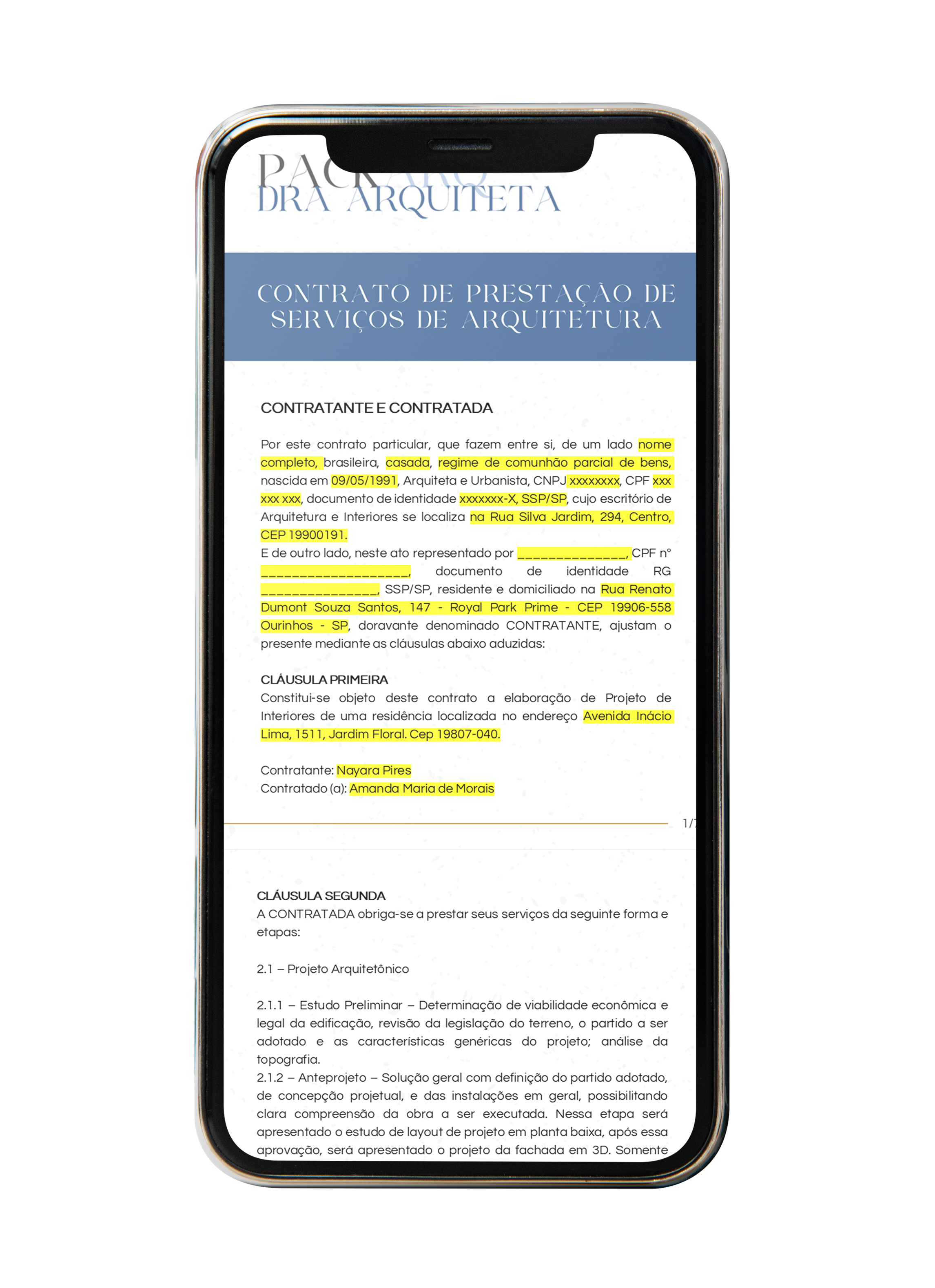 Mockup de contrato do PackArq