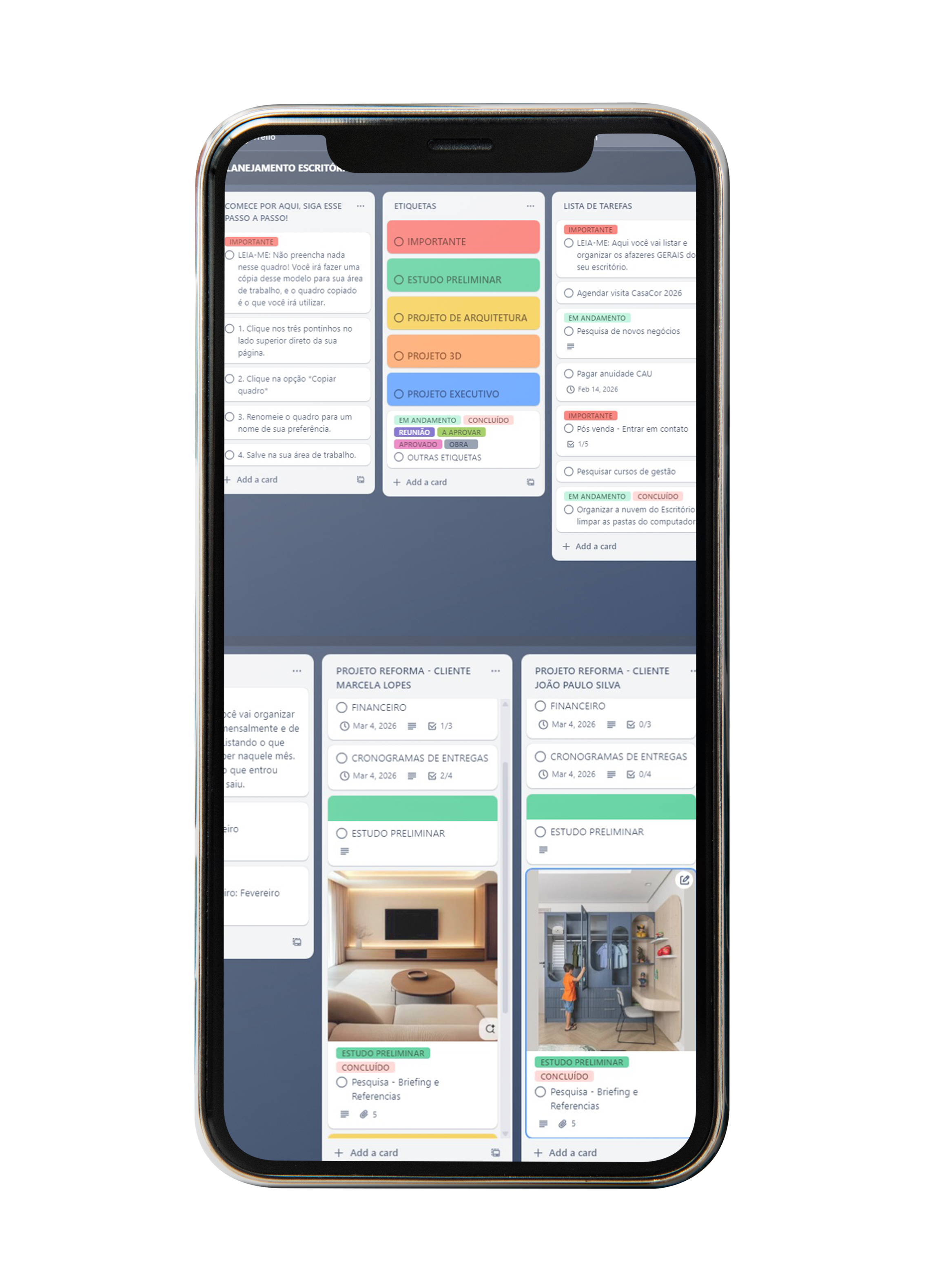 Mockup do template Trello do PackArq