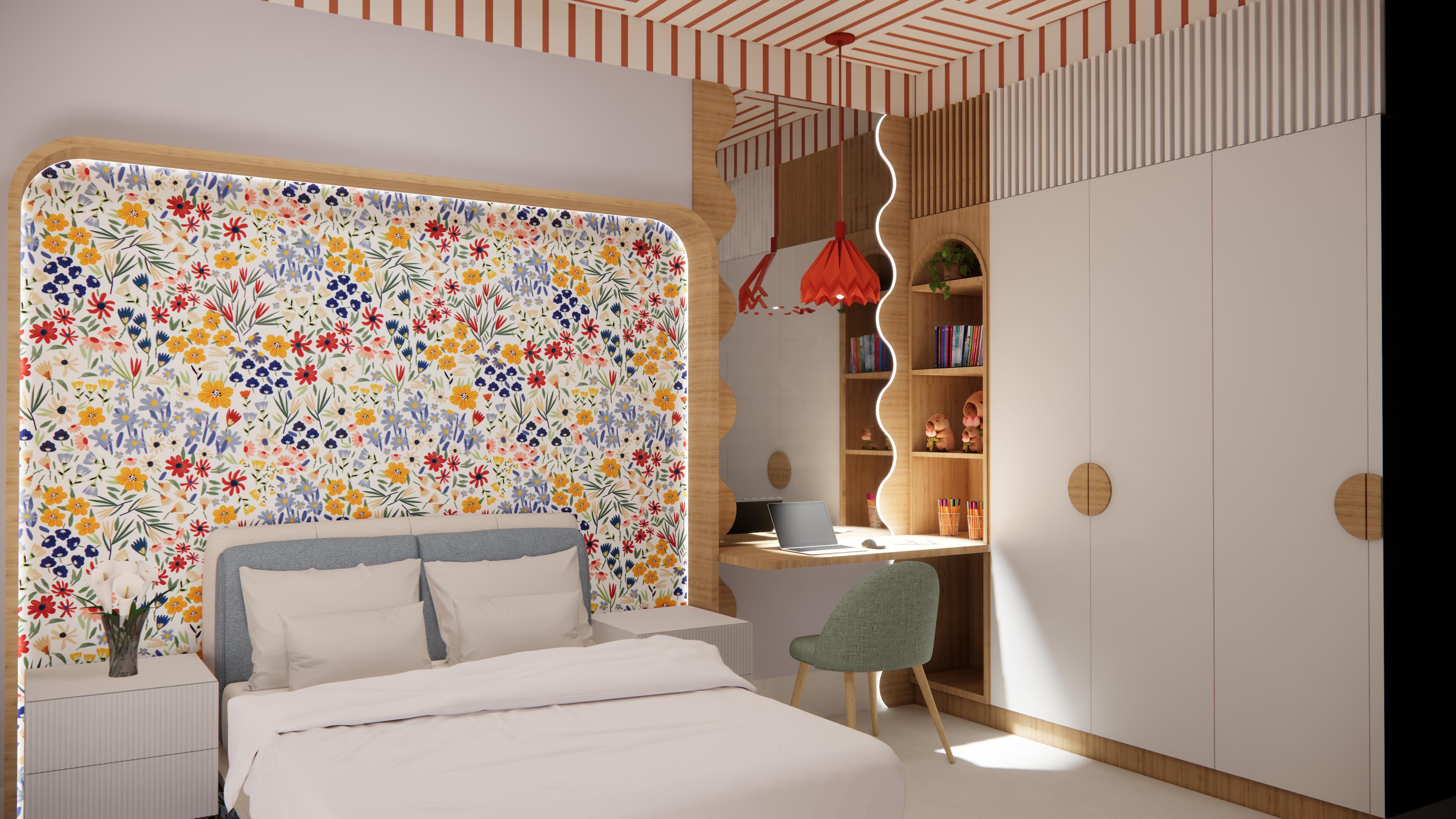 Render do quarto da filha em Espírito Santo do Turvo — papel floral, pendentes vermelhos e marcenaria autoral