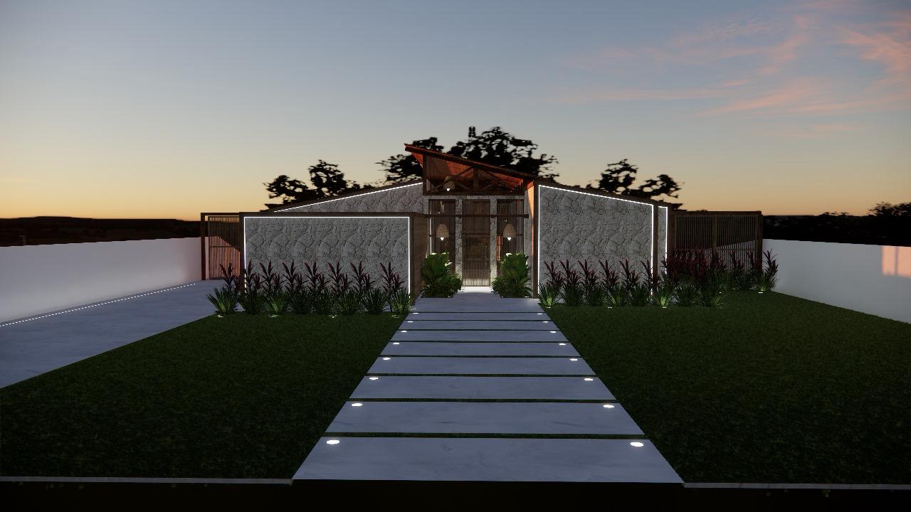 Render 3D da Casa Trianon — envelope autoral em pedra irregular e madeira aparente